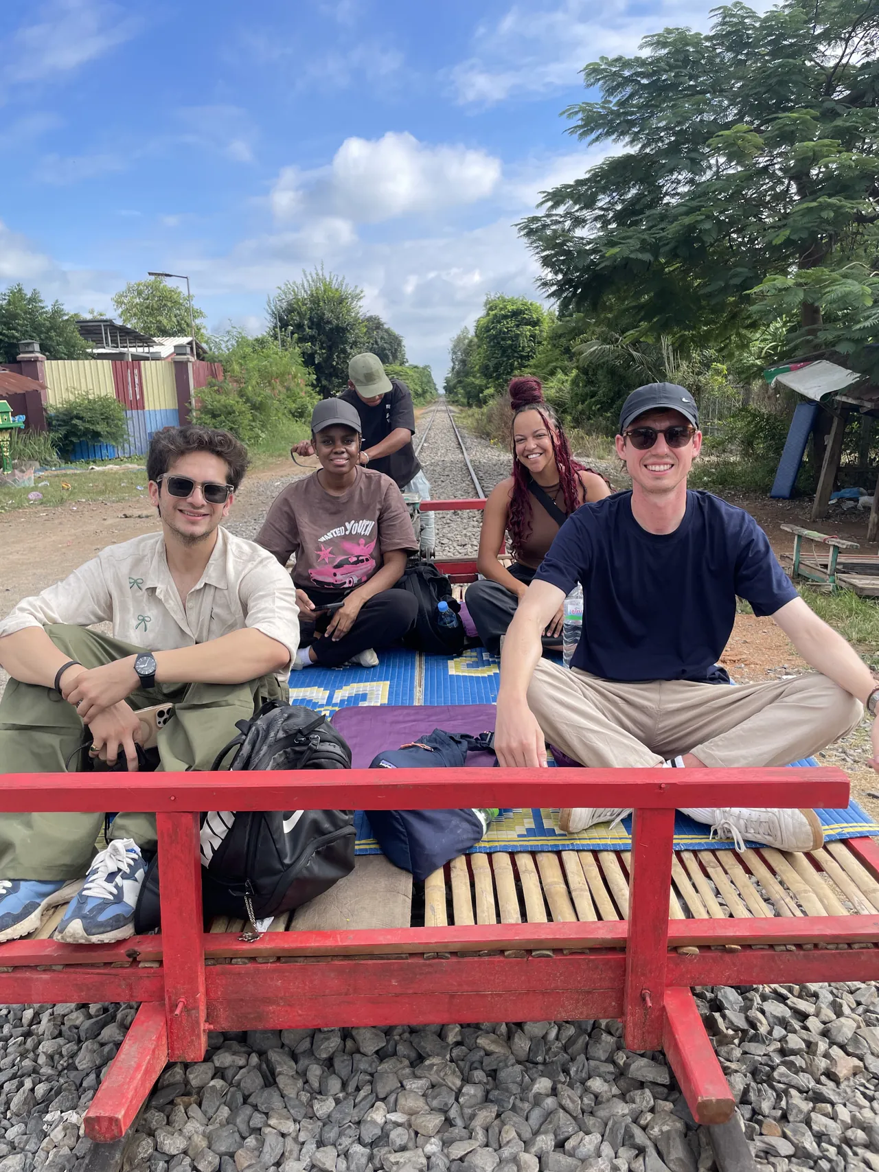 Monil and friends on the bamboo train in Battambang, Cambodia