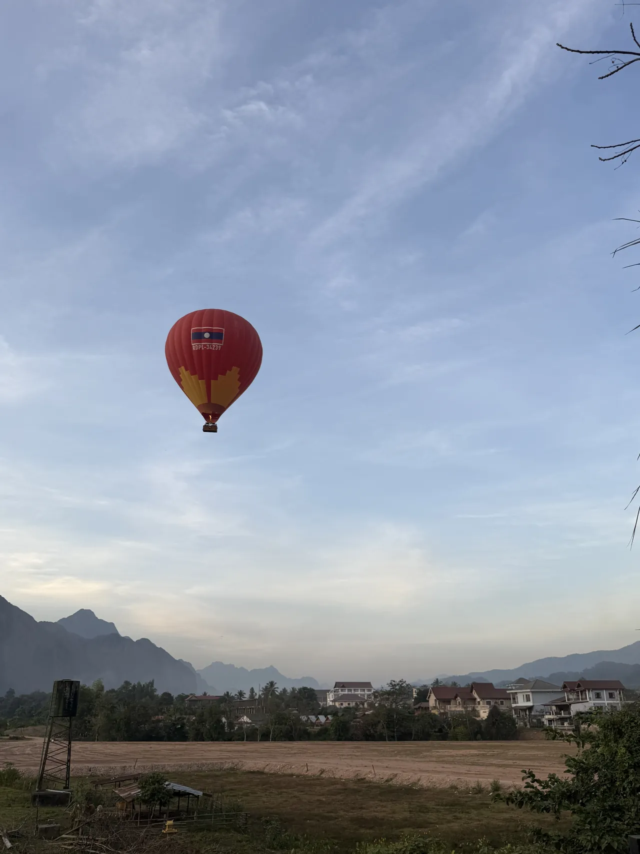 Hot-air balloon over the karsts of Vang Vieng, Laos
